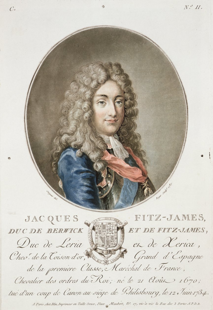 James Fitzjames (1670-1733), Berwickin ensimmäinen herttua, teoksesta "Muotokuvia suurista miehistä, maineikkaista naisista ja ikimuistoisista Ranskan kohteista", kaivertanut Roger, 1787, julkaistu 1787-92 tekijältä Antoine Louis Francois Sergent Marceau