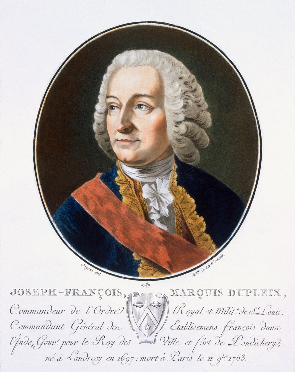 Joseph-Francois, Marquis Dupleix, teoksesta "Muotokuvia suurista miehistä, maineikkaista naisista ja ikimuistoisista Ranskan kohteista, kaiverrettu ja painettu väreillä", julkaisija Pierre Blin, 1786-92, Paris (väri) tekijältä Antoine Louis Francois Sergent Marceau