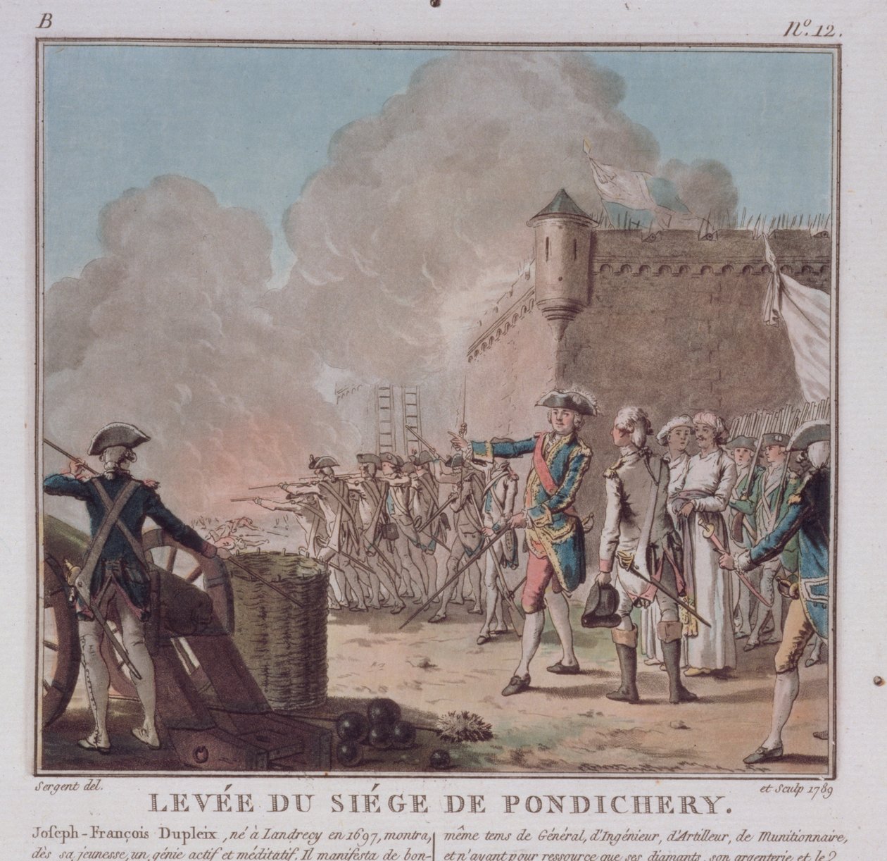 Pondicherryn piirityksen nosto, 1748, kaiverrettu 1789 tekijältä Antoine Louis Francois Sergent Marceau