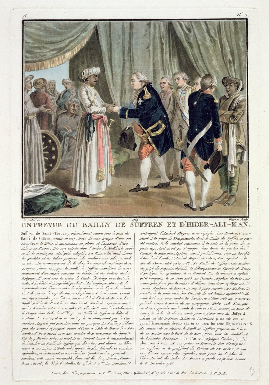 Pierre Andre de Suffren de Saint Tropezin (1729-88) ja Haider Alin (1728-82) tapaaminen, 1782, kaivertaja Jean Baptiste Morret (1790-1820), 1789. tekijältä Antoine Louis Francois Sergent Marceau