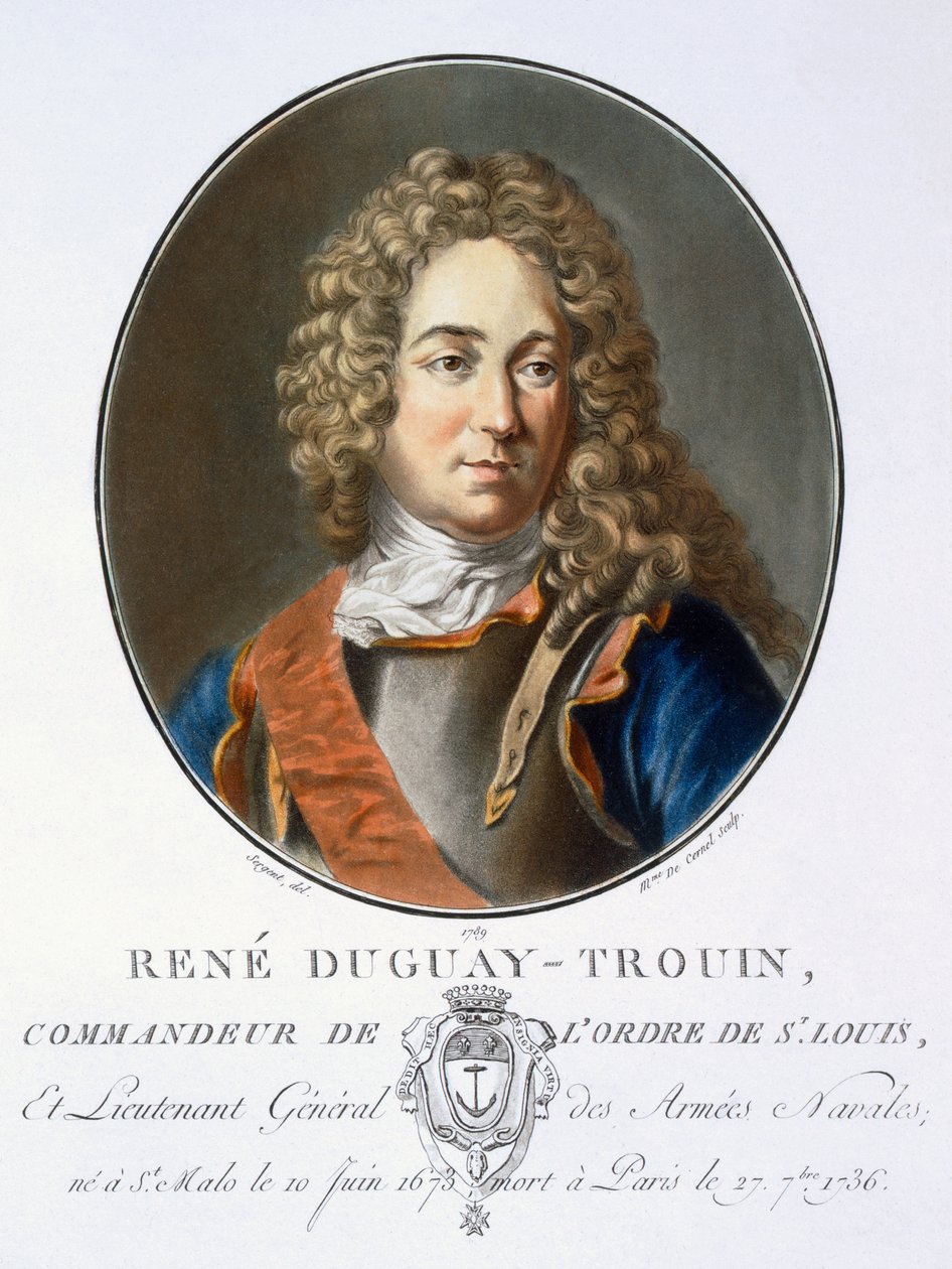 Rene Duguay-Trouin teoksesta "Muotokuvia suurista miehistä, maineikkaista naisista ja mieleenpainuvista Ranskan kohteista, kaiverrettu ja painettu väreillä", julkaisija Pierre Blin, 1786-92, Pariisi (värikaiverrus) tekijältä Antoine Louis Francois Sergent Marceau