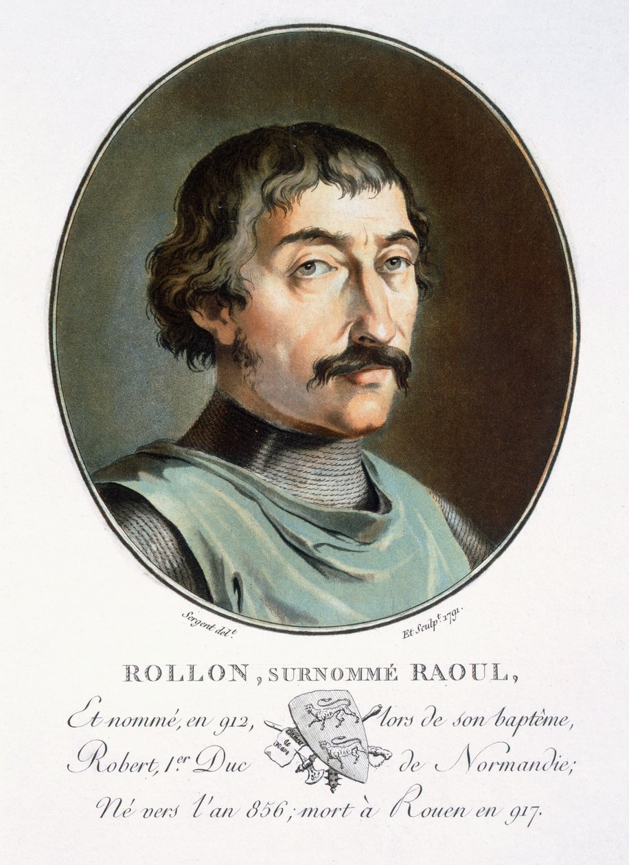 Rollo the Dane, Normandian herttua, teoksesta "Muotokuvia suurista miehistä, maineikkaista naisista ja ikimuistoisista Ranskan kohteista, kaiverrettu ja painettu väreillä", julkaisija Pierre Blin, 1786-92, Paris (väri) tekijältä Antoine Louis Francois Sergent Marceau