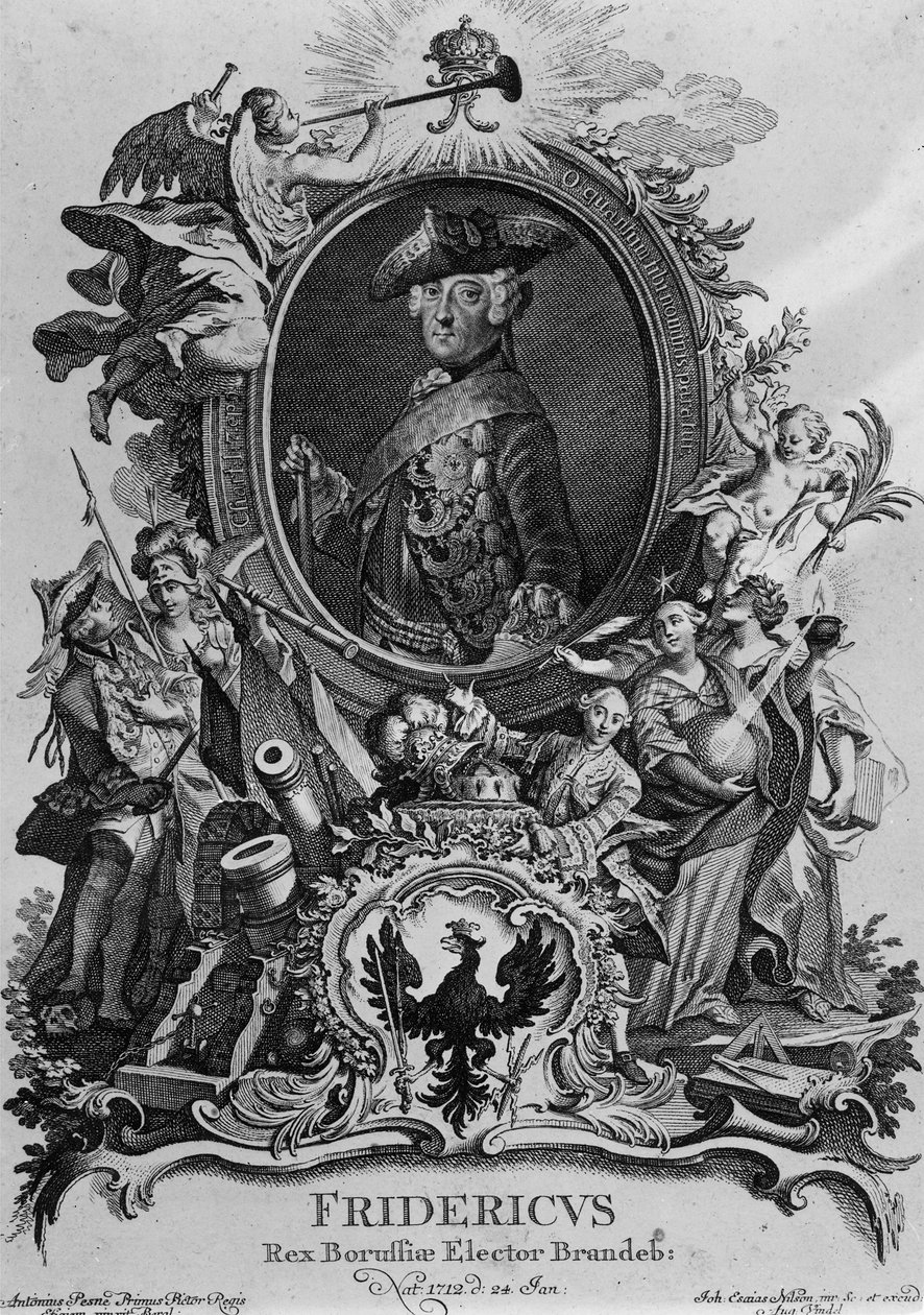 Frederick II:n (1712-86) muotokuva, kaiverrus Johann Esaias Nilson (1721-88) tekijältä Antoine Pesne
