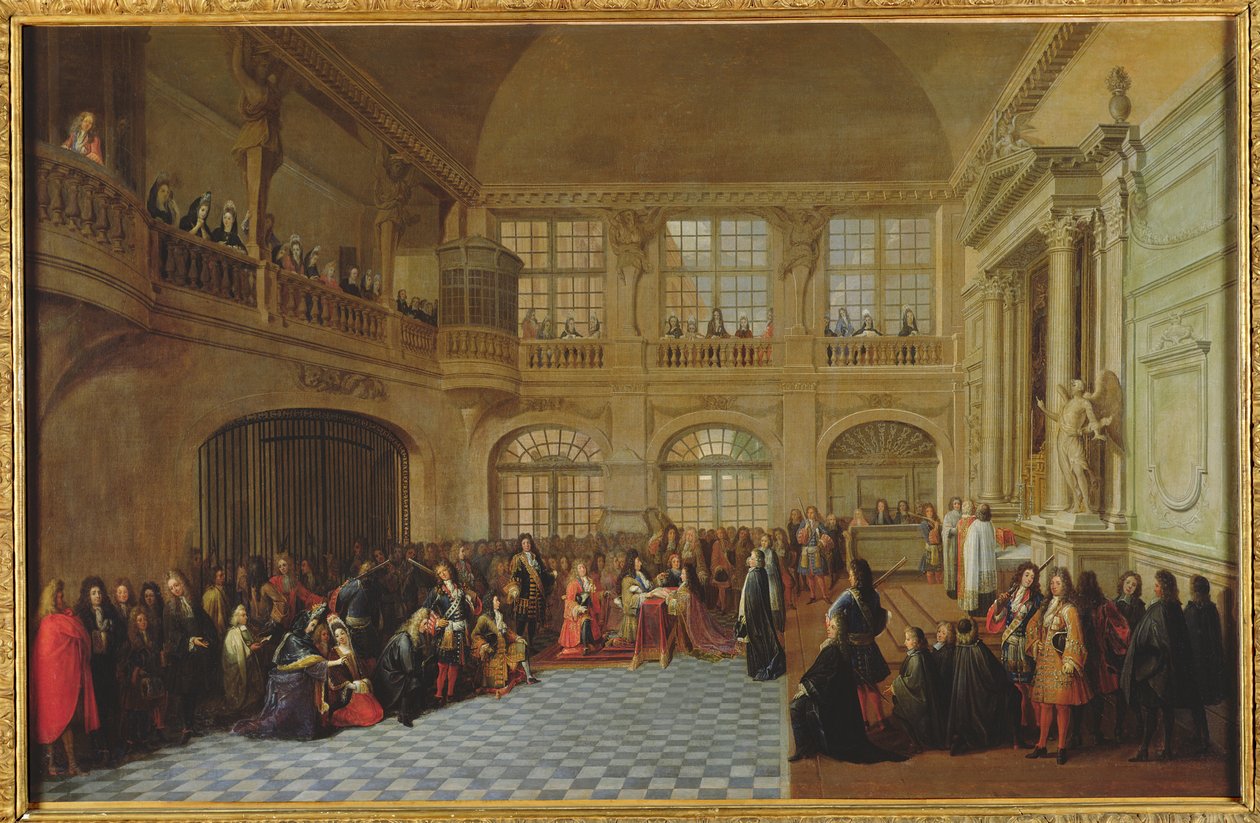 Philippe de Courcillon (1638-1720) Dangeaun markiisi vannoi valansa kuningas Ludvig XIV:lle (1638-1715) vuonna 1695, 1600-luvun lopulla tekijältä Antoine Pezey