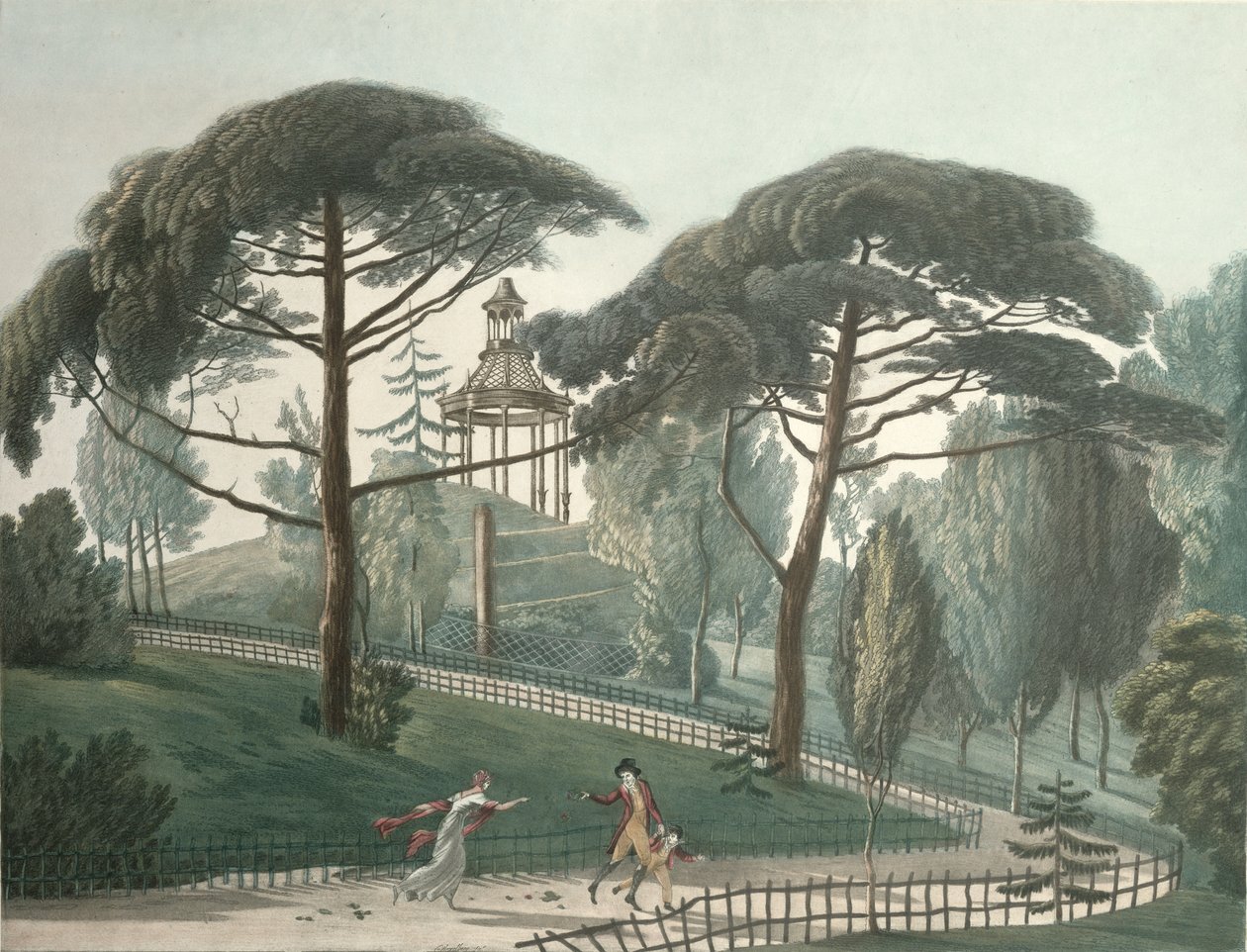 Pariisin Jardin des Plantesin sokkelo eli Belvedere, kaiverrus Nicolas Marie Joseph Chapuy (1790-1858) (akvatinta) tekijältä Antoine Pierre Mongin