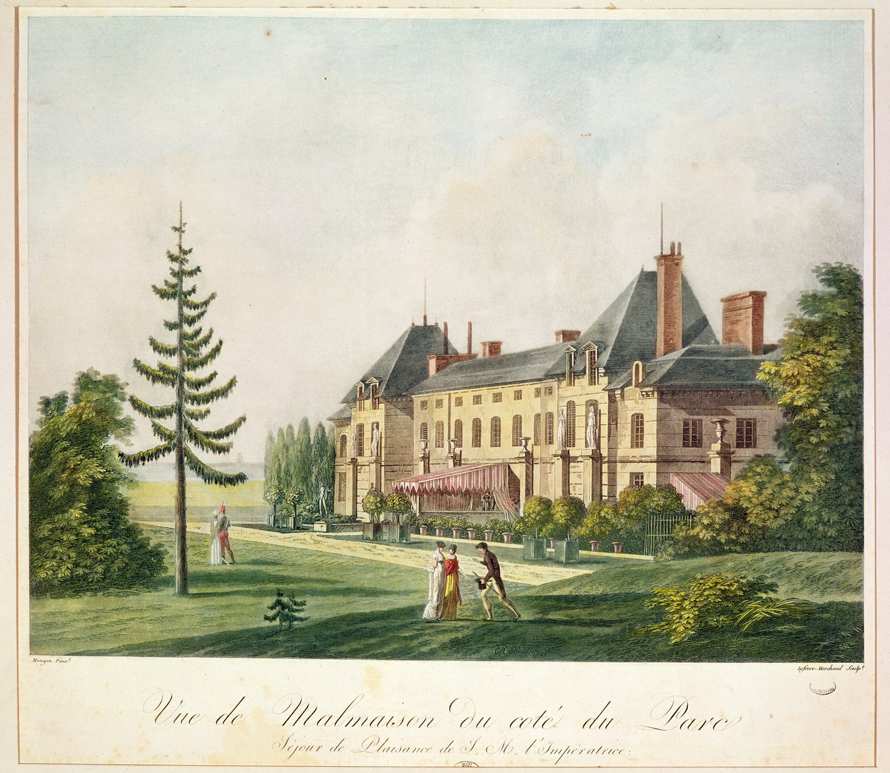 Näkymä Malmaisonista puistosta, kaiverrus Marchand Lefebvre, n. 1790-1810 tekijältä Antoine Pierre Mongin