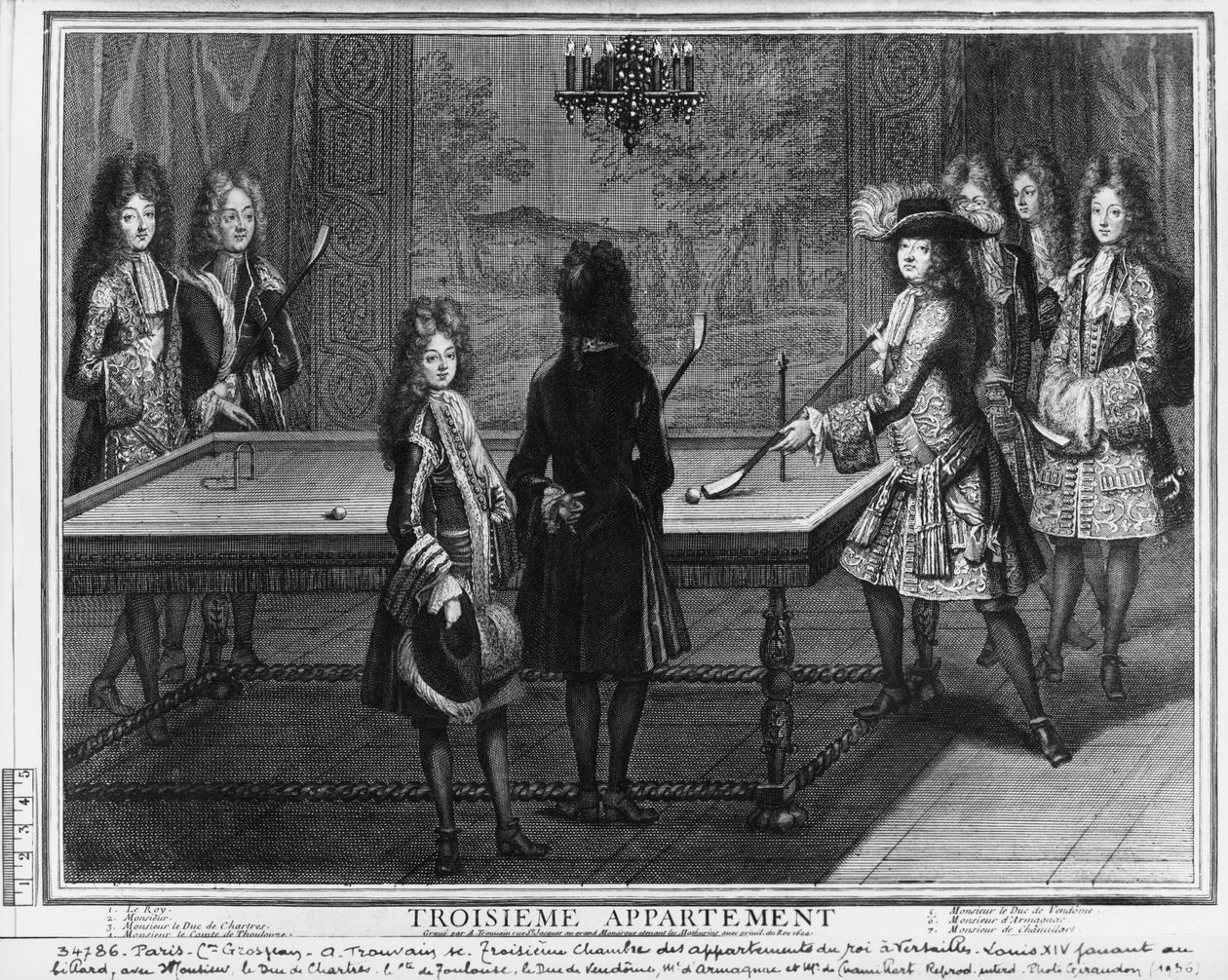 Ludvig XIV pelaa biljardia veljensä herra, veljenpoikansa Chartresin herttua, poikansa, Toulousen kreivi ja muiden sukulaisten ja hovimiesten, duc de Vendomen, Monsieur d