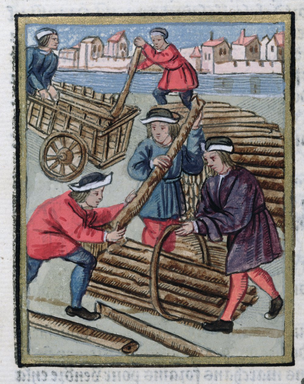 "Mouleur", työntekijä, joka palkattiin valvomaan ja mittaamaan puun myyntiä, "Ordonnances Royaux de la Juridiction de la Prevote des Marchands de la Ville de Paris", 1528 (wc ja guassi paperilla) tekijältä Antoine Verard