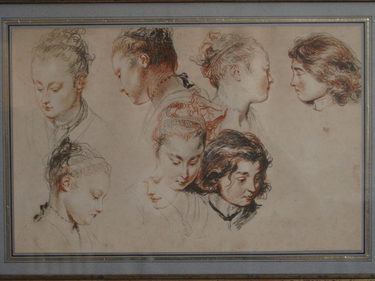 Piirrä piirustuksia nuorten naisten päillä tekijältä Jean Antoine Watteau