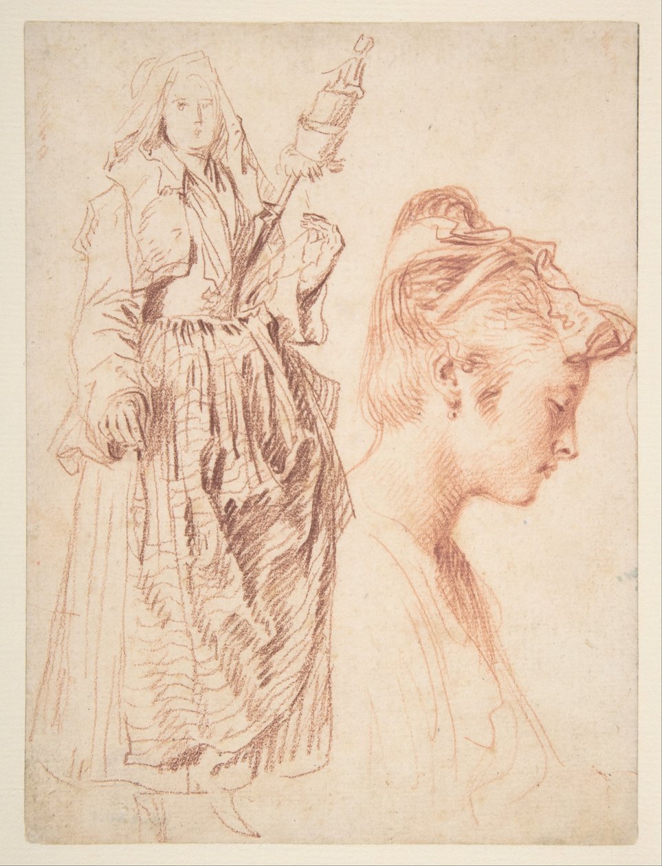 Seisova nainen, joka pitelee karaa, ja naisen pää profiilissa oikealla. tekijältä Jean Antoine Watteau