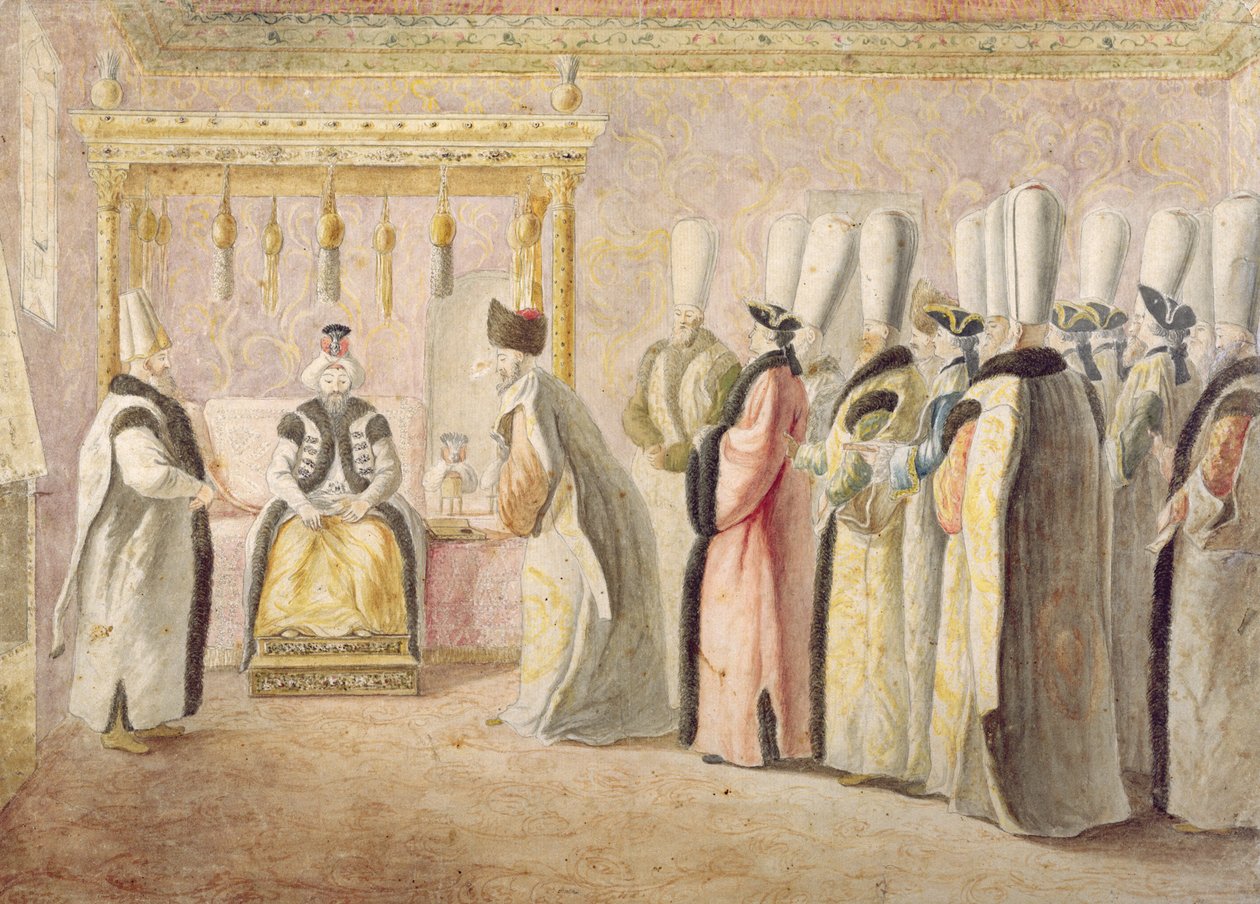 Ranskan suurlähettilään Charles Gravierin (1717-87), kreivi de Vergennesin jäähyväisyleisö sulttaani Mustafa III:n (1717-74) kanssa Konstantinopolissa 17. joulukuuta 1768 tekijältä Antoine de Favray
