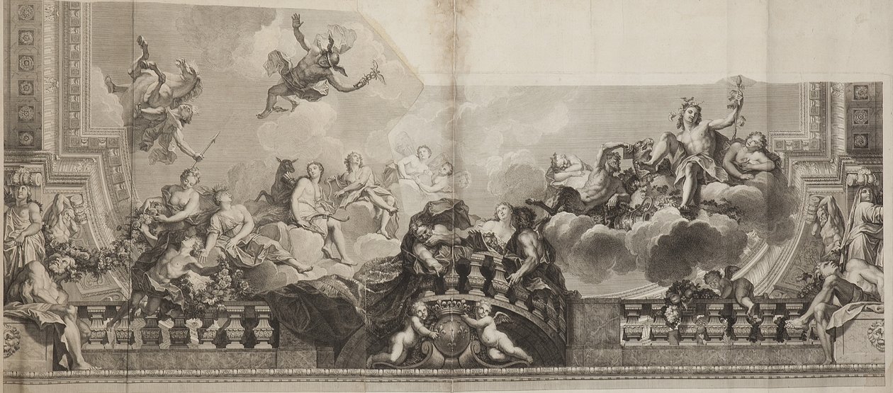 Nicolas Henri Tardieun (1674-1749) kaiverruksen piirustus Palais Royalin suuren gallerian katon keskimmäisestä paneelista. tekijältä Antoine (after) Coypel
