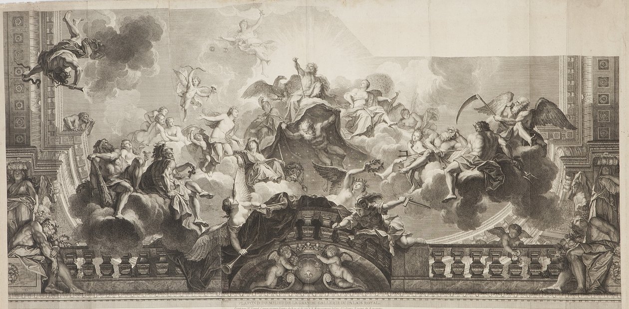 Palais Royalin suuren gallerian keskikaton suunnittelu, kaiverrus Nicolas Henri Tardieu (1674-1749) tekijältä Antoine (after) Coypel