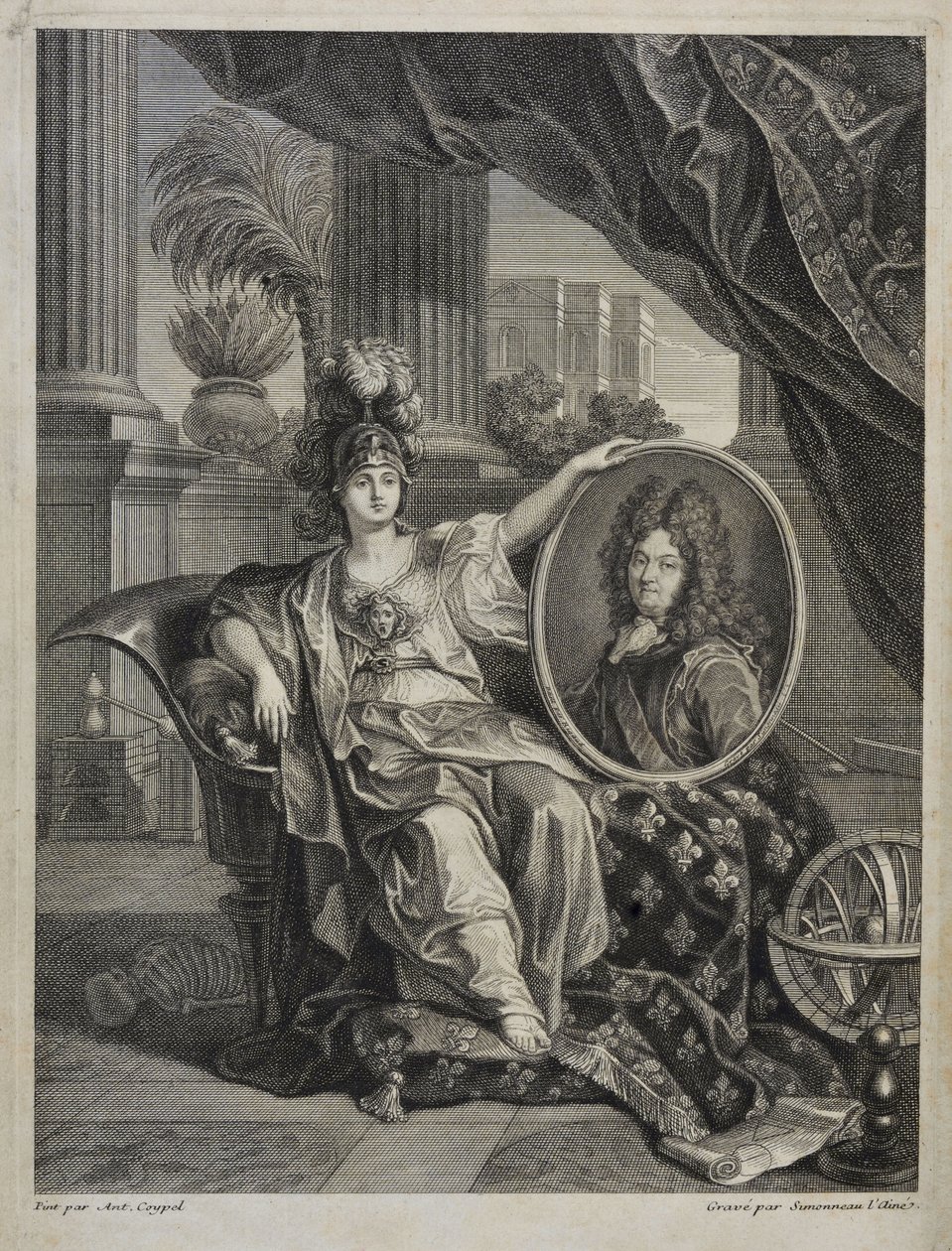 Ludvig XIV, Ranskan kuningas, Tieteiden suojelija - Antoine Coypelin kaiverrus Kuninkaallisen tiedeakatemian historia, vuosi 1703 tekijältä Antoine (after) Coypel