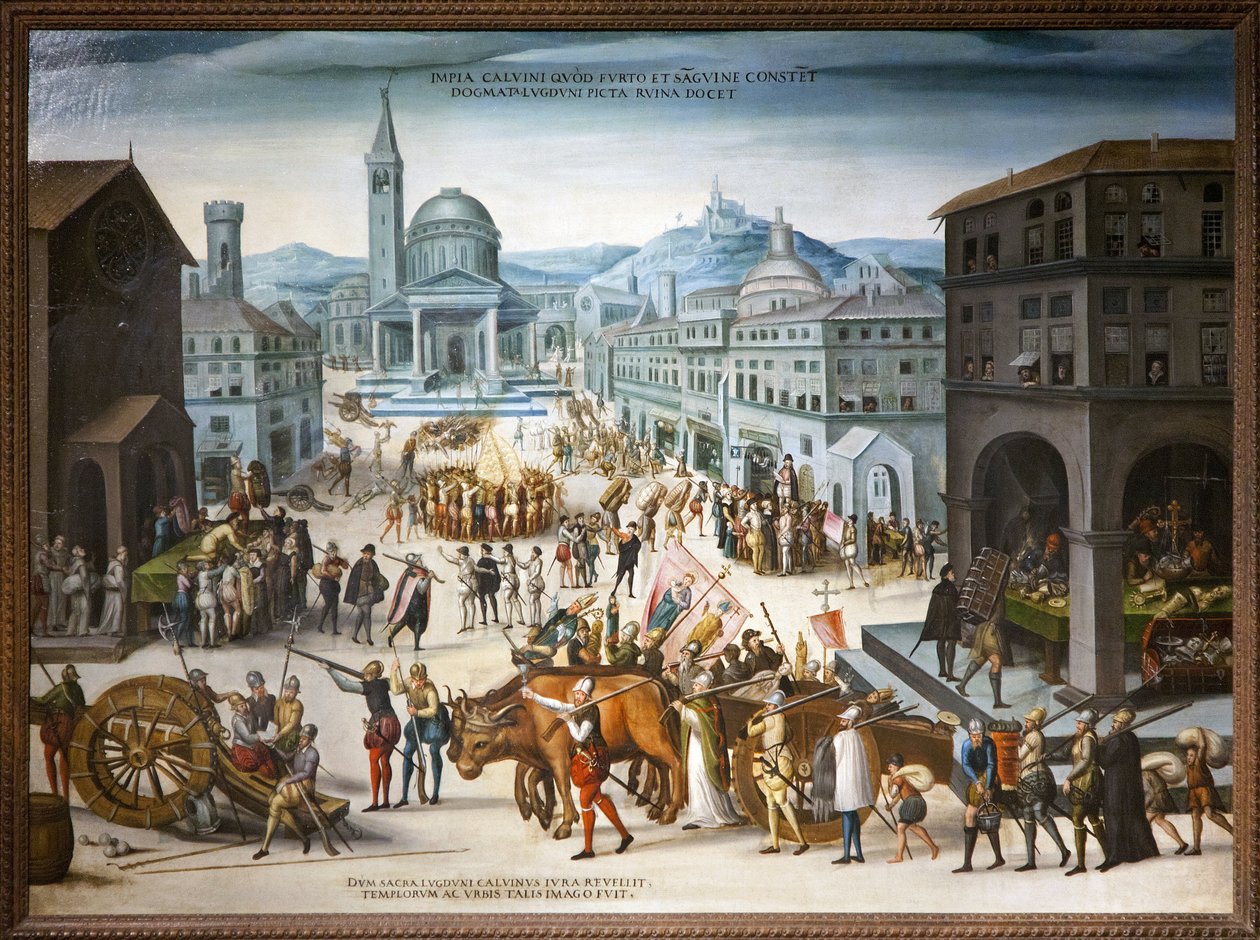 Kalvinistien Sac de Lyon vuonna 1562. Protestanttinen ikonoklastinen toiminta katolisen kirkon uskonnollisten kuvien kulttia vastaan. Ensimmäisen uskontosodan aikana paroni des Adretsin johtamat uudistukset valtasivat kaupungintalon ja Lyonin kaupungin tär tekijältä Antoine (school of) Caron