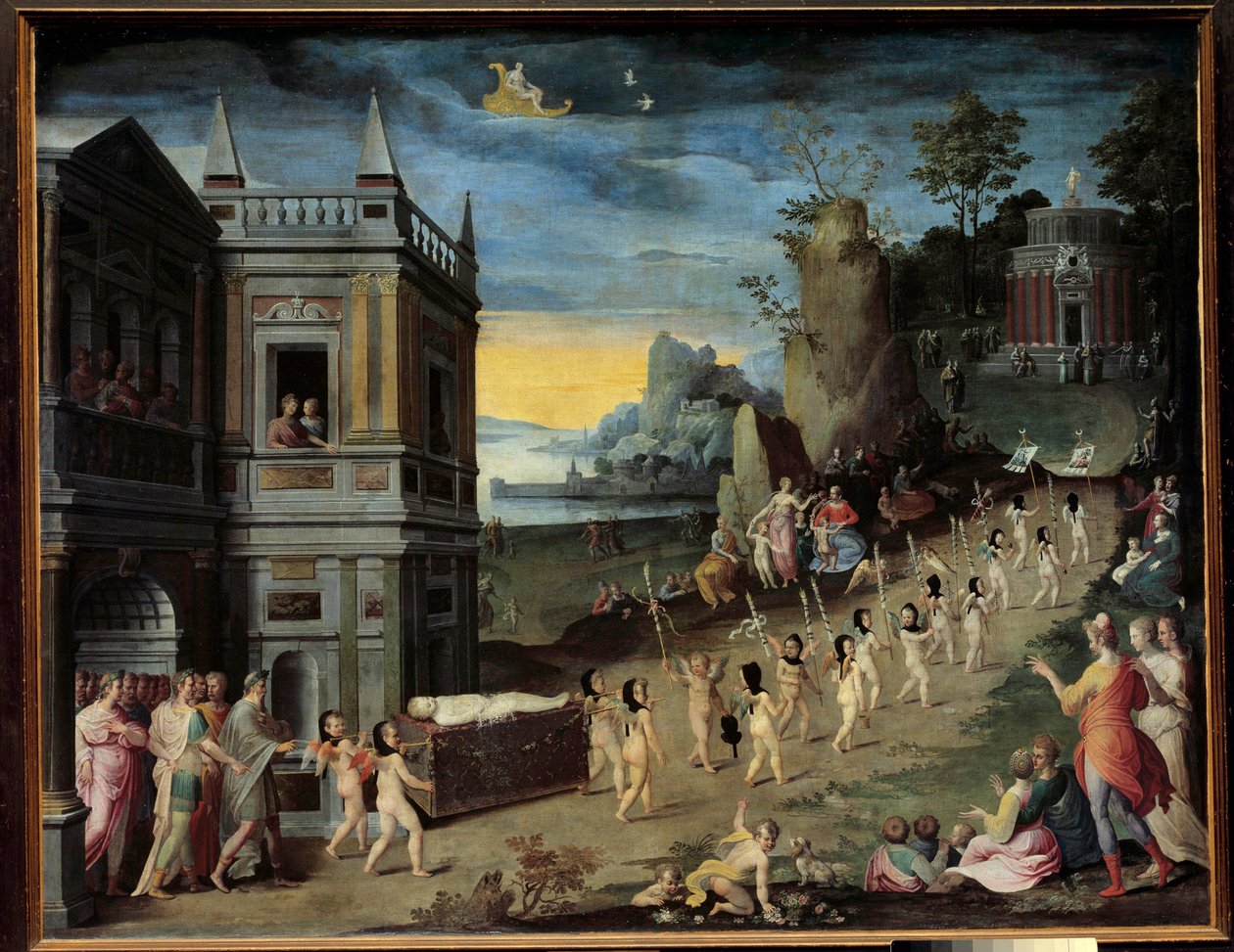 Allegoria: rakkauden hautajaiset Eroksen ruumista kantava hautajaiskulkue suuntaa kohti Venuksen temppeliä. Antoine Caronin (1521-1599) työpajan maalaus tekijältä Antoine (studio of) Caron