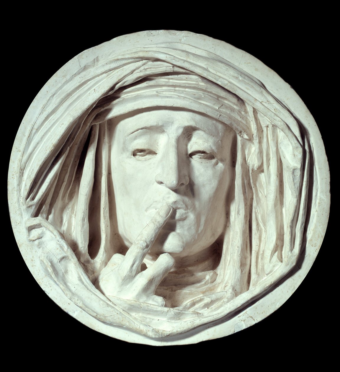 Hiljaisuus Symbolinen ele miehestä, joka laittaa sormen suulleen. Auguste Preault