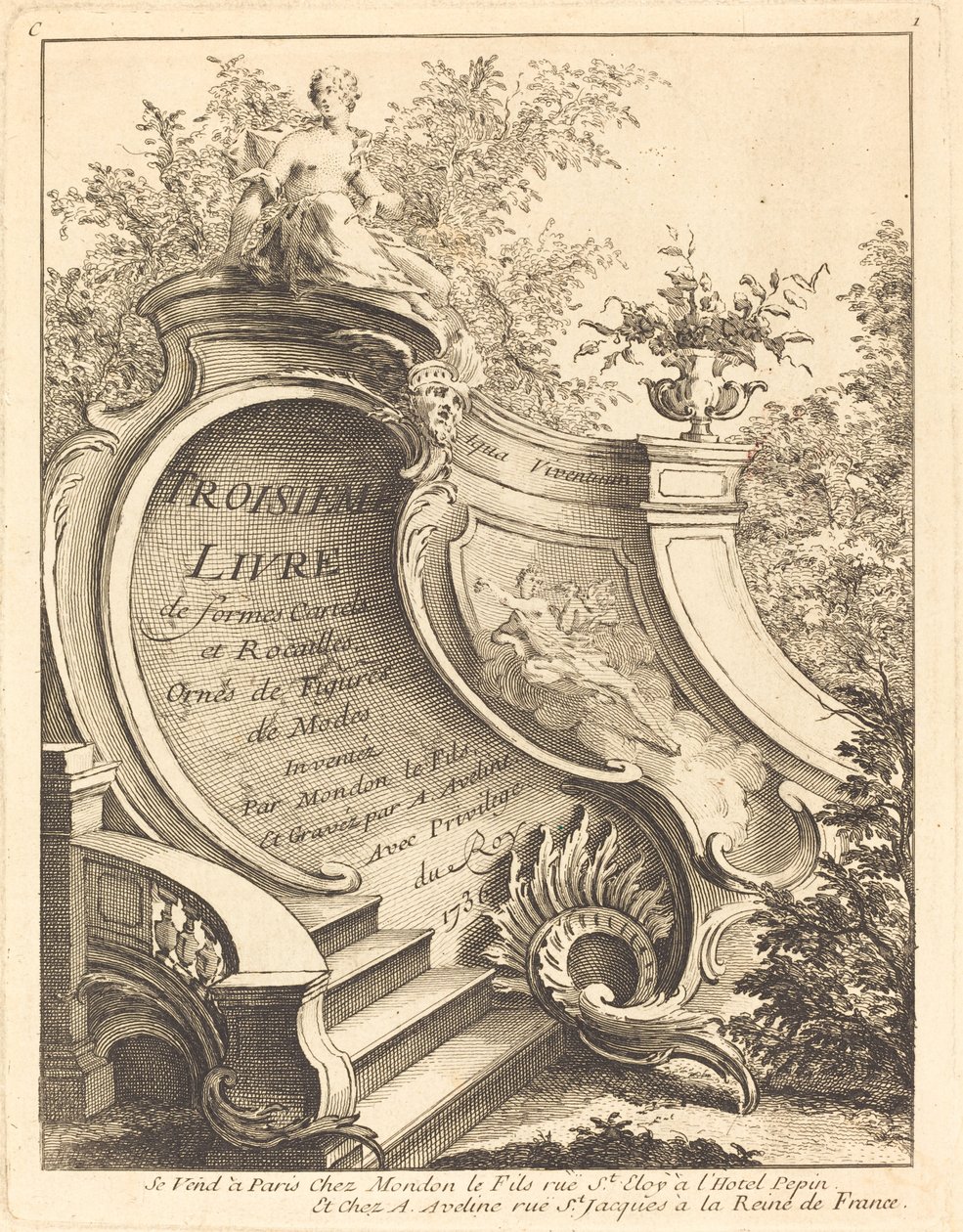 Kartellien ja Rocaillesin lomakekirjan kolmas nimilehti, 1736. tekijältä Antoine Aveline