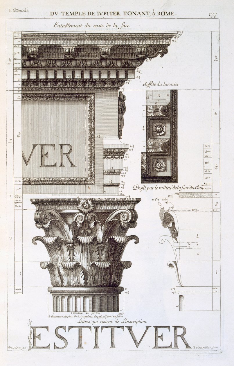 Jupiter Tonansin (Ukkonen) temppelin antablatuuri, pääkaupunki ja kaiverrus, teoksesta "Les Edifices Antiques de Rome", 1682 tekijältä Antoine Babuty Desgodets
