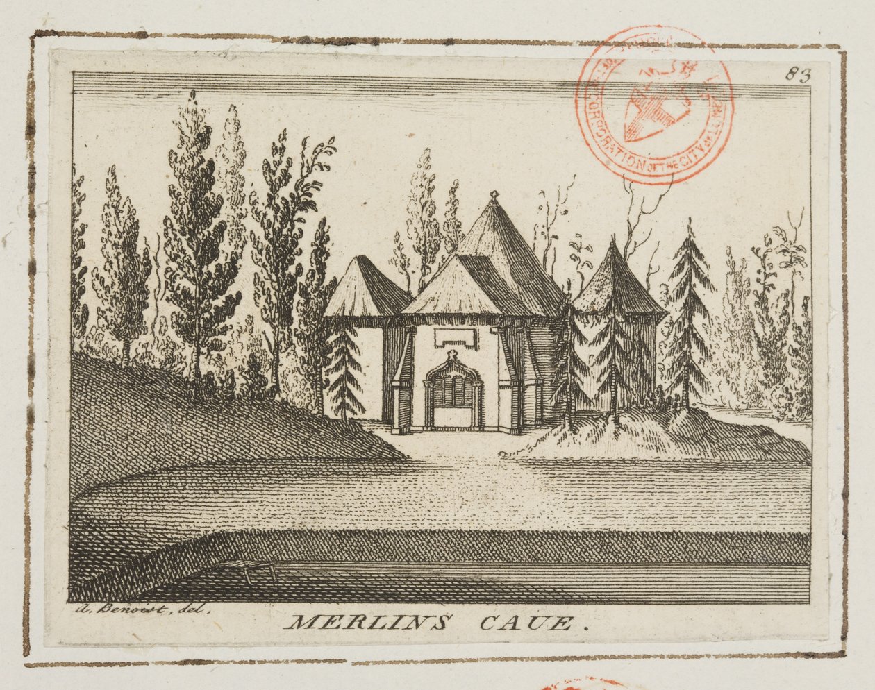 Näkymä Merlinin luolalle, Kew Gardens, kuvitus aiheesta "Lysons" Environs of London, n. 1750 (kaiverrus) tekijältä Antoine Benoist