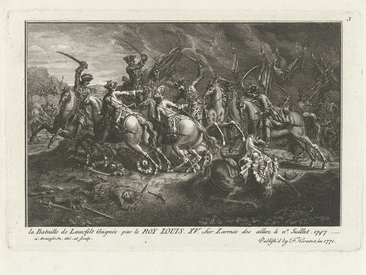 Näkymä Lauffeldtin taistelusta (Lafeld, lähellä Maastrichtia) 2. heinäkuuta 1747 Itävallan perintö sodan aikana tekijältä Antoine Benoist