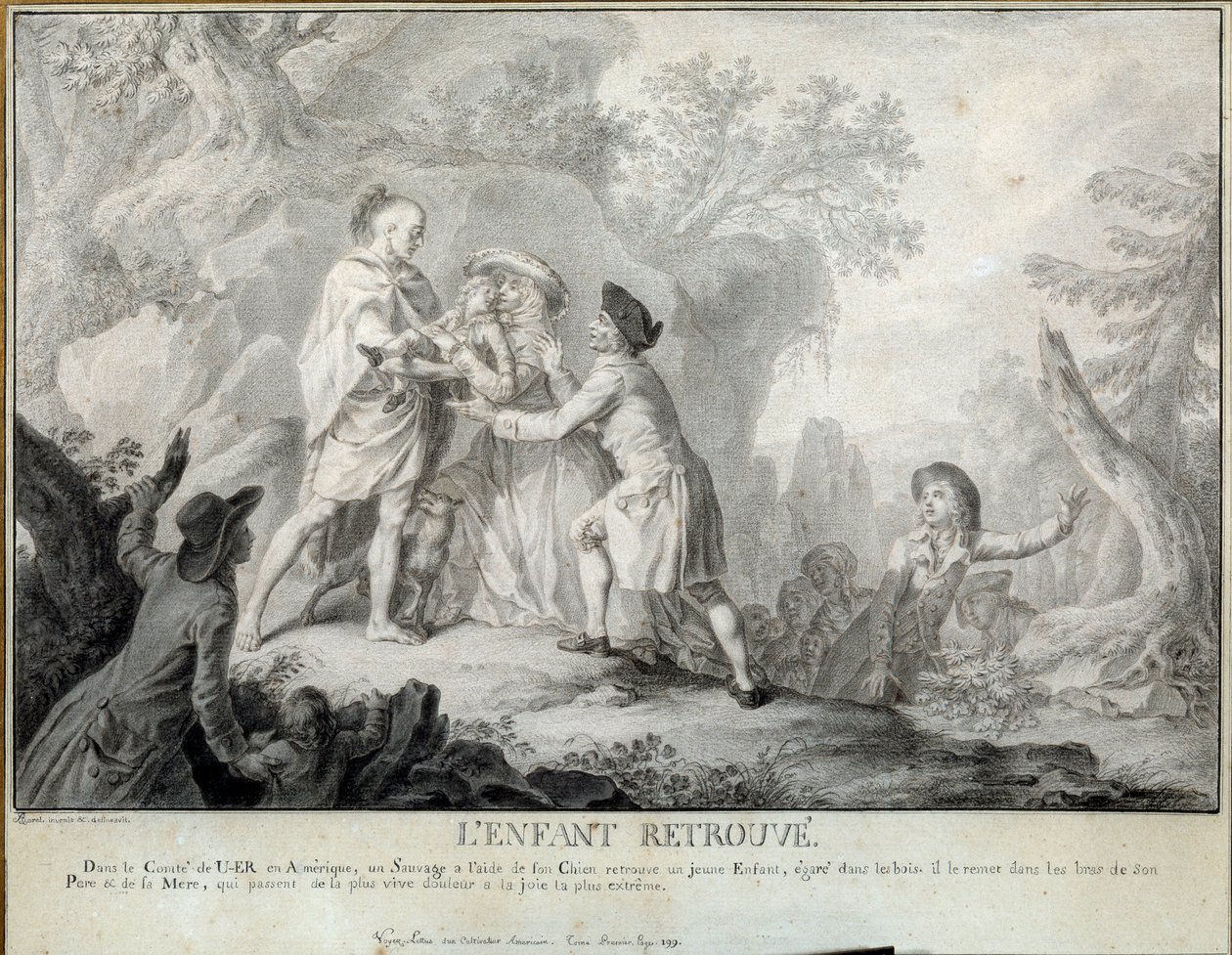 Lapsi löytää kuvan Saint John de Crevecoeurin "Amerikkalaisen maanviljelijän kirjeistä". Antoine Borelin (1743-1810) litografia 1783 suunnilleen. Blerancourt. Musee Franco amerikkalainen tekijältä Antoine Borel