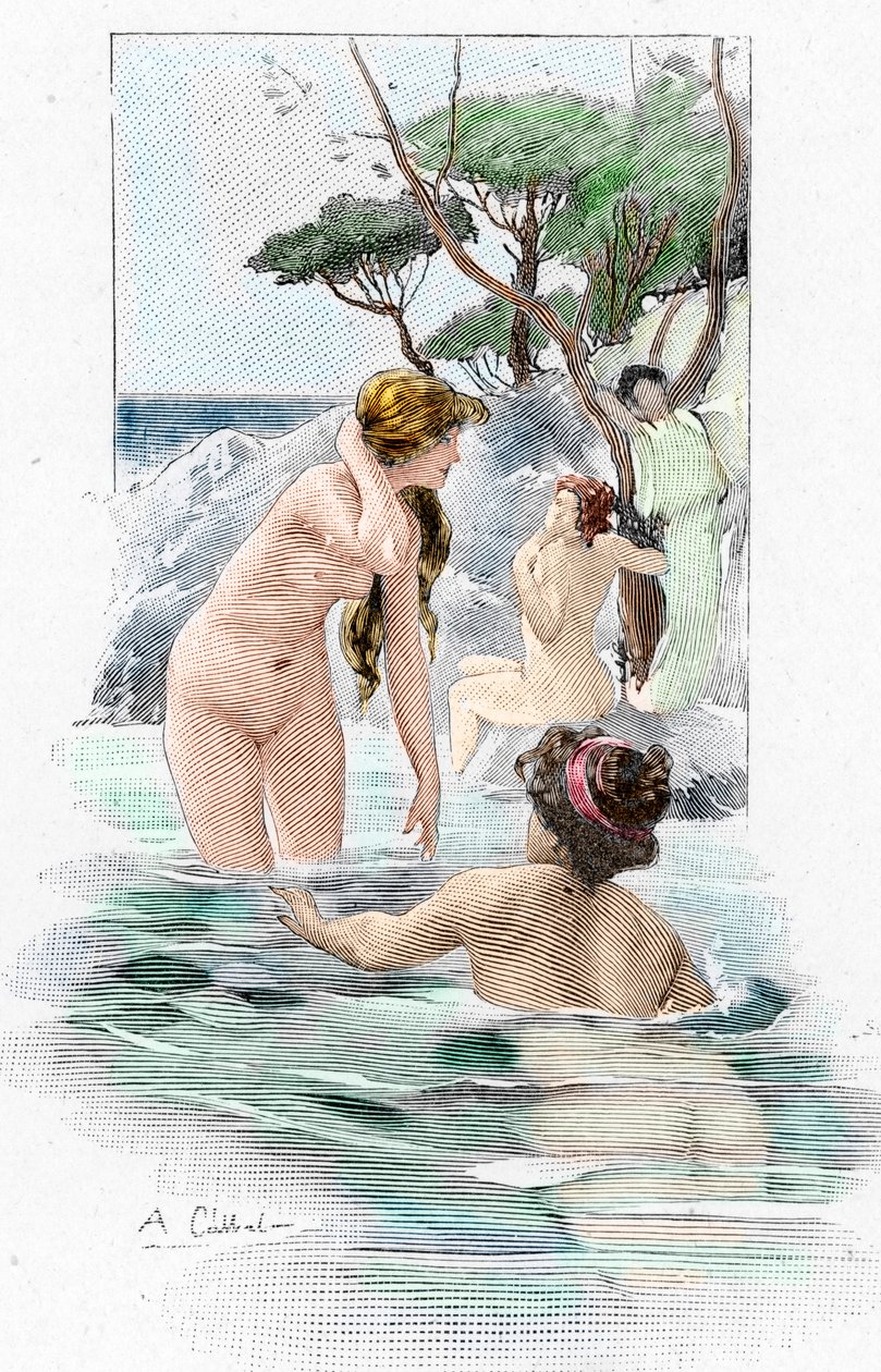 Homeren Odyssee: "Nausicaa, kuningas Alcinousin tytär ja hänen palvelijatonsa pesemässä vaatteitaan joessa" Antoine Calbetin (1860-1944) kuvitus kreikkalaisen runoilijan Homeren "Odysseia" (Homerin Odysseia) 1897 Yksityinen kokoelma tekijältä Antoine Calbet