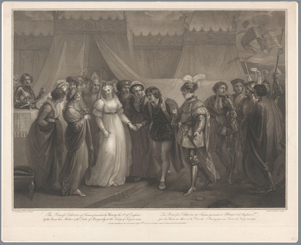 Catherine van Valois en koning Hendrik V van Engeland, 1420 Ranskan prinsessa Katariina lahjoitti Henrylle 5. Englannin (...) vuonna 1419 / La Princesse Catherine de France (...) (otsikko esineessä) tekijältä Antoine Cardon