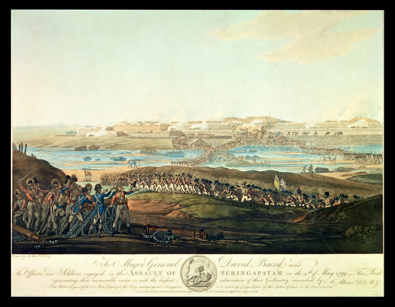 Seringapatamin vangitseminen 1799, 1801 (värillinen akvatinta) tekijältä Antoine Cardon