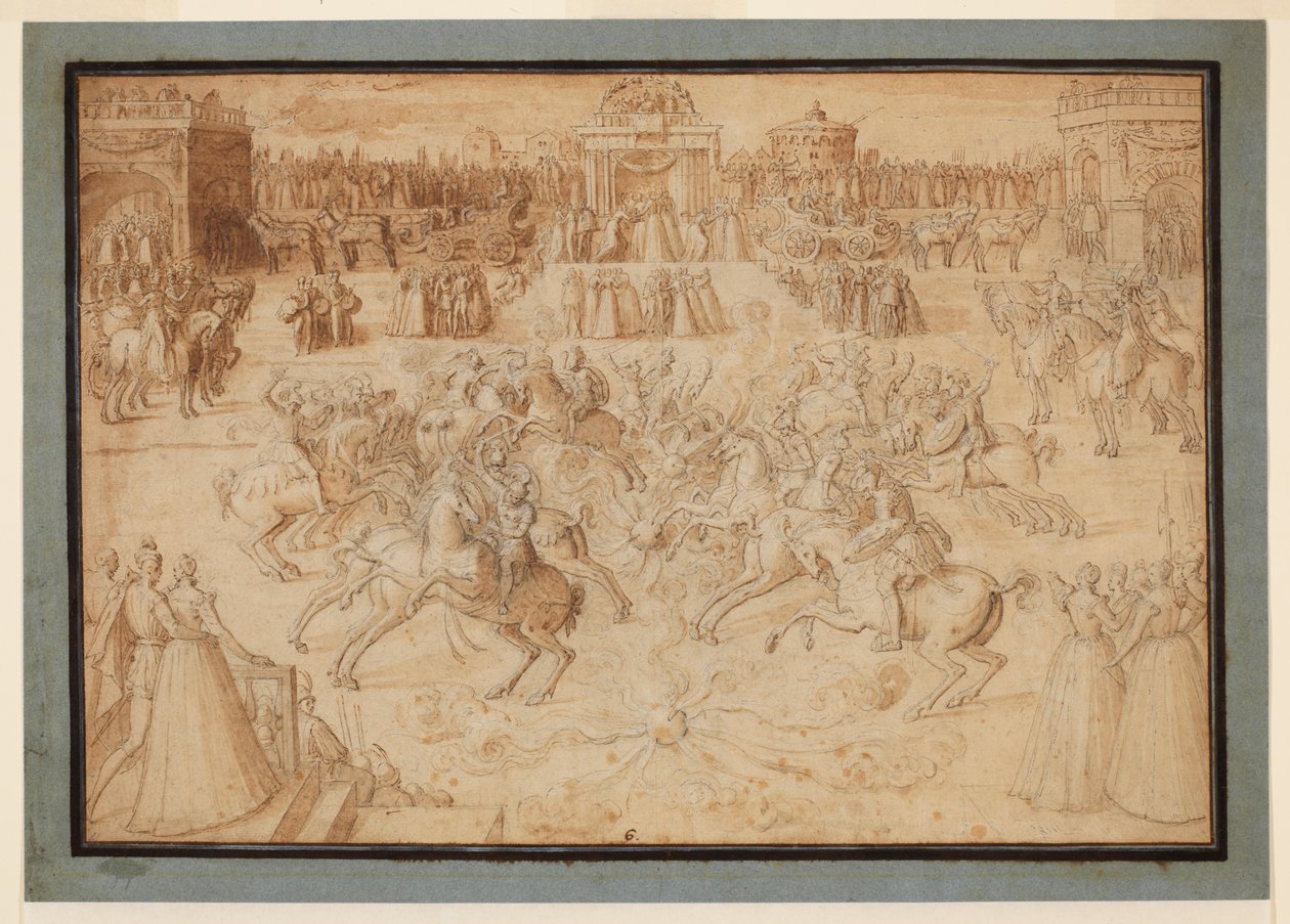 Ratsastuspeli, jossa ratsastajat kisaavat ilotulitteiden keskellä, 1575-n. 1580 tekijältä Antoine Caron