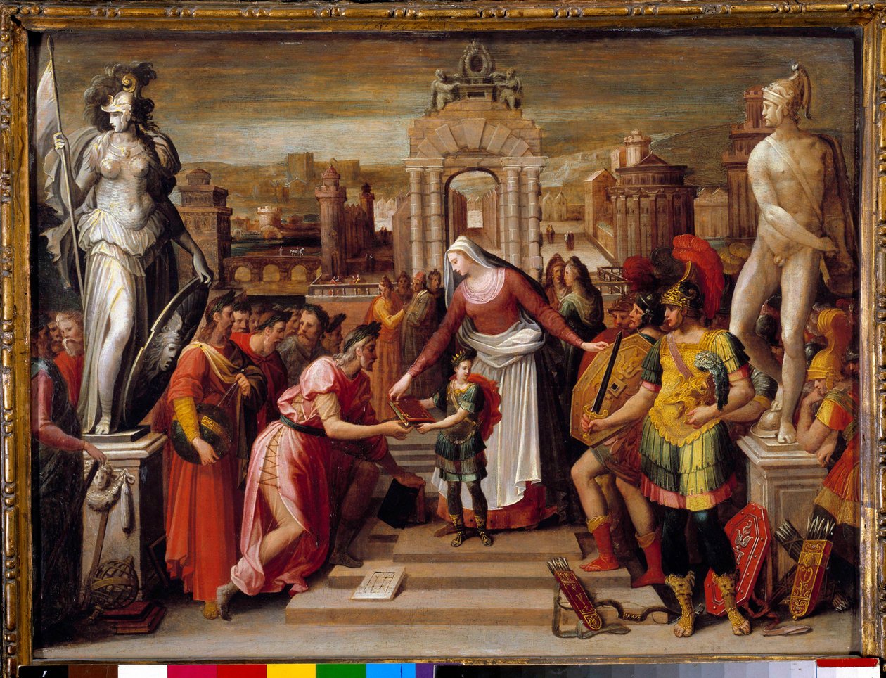 Halicarnassen kuningatar Artemise Ieren historia: "" Kirjan luovutus ja epee"" Antoine Caronin (1521-1599) maalaus 1500-luvun su. 0,51x0,67 m Beauvais, Musee departemental de l
