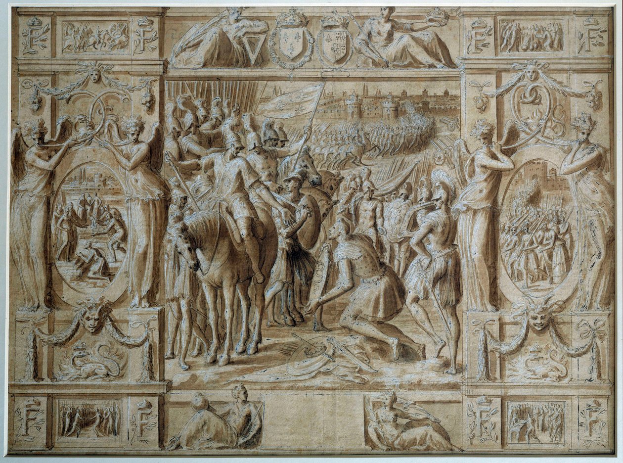 Milanon alistaminen Francois I:n joukot valloittivat Milanon kaupungin voiton jälkeen Marignanin taistelussa vuonna 1515. Antoine Caronin (1521-1599) piirustus kynällä ja pesulla 1500-luvun Pariisi, Louvre-museo tekijältä Antoine Caron