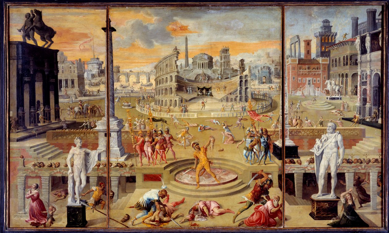 Triumviraatin verilöyly: tämä on tasavaltalaisen opposition verilöyly, sen tapahtui Roomassa vuonna 43 eKr. Octavius Cesarin (Augustus), Antoinen ja Lepidesin triumviraatti. Antoine Caronin (1521-1599) maalaus. 1566. Su. 1,16x1,95 m Pariisi. L tekijältä Antoine Caron