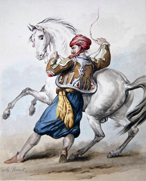 Persialainen yrittää voittaa ranskalaisen hevosen (litho) tekijältä Antoine Charles Horace Vernet