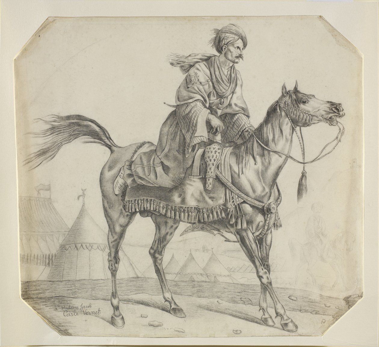 Mameluki hevosensa selässä (musta liitu paperille) tekijältä Antoine Charles Horace Vernet