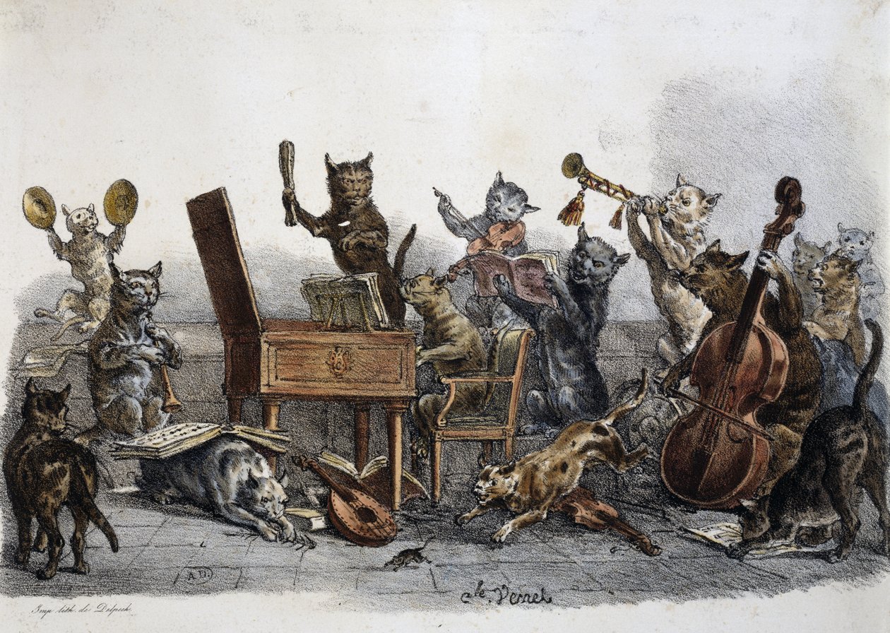 Amatöörikonsertti, pilakuva soittimia soittavista kissoista, Carle Vernet