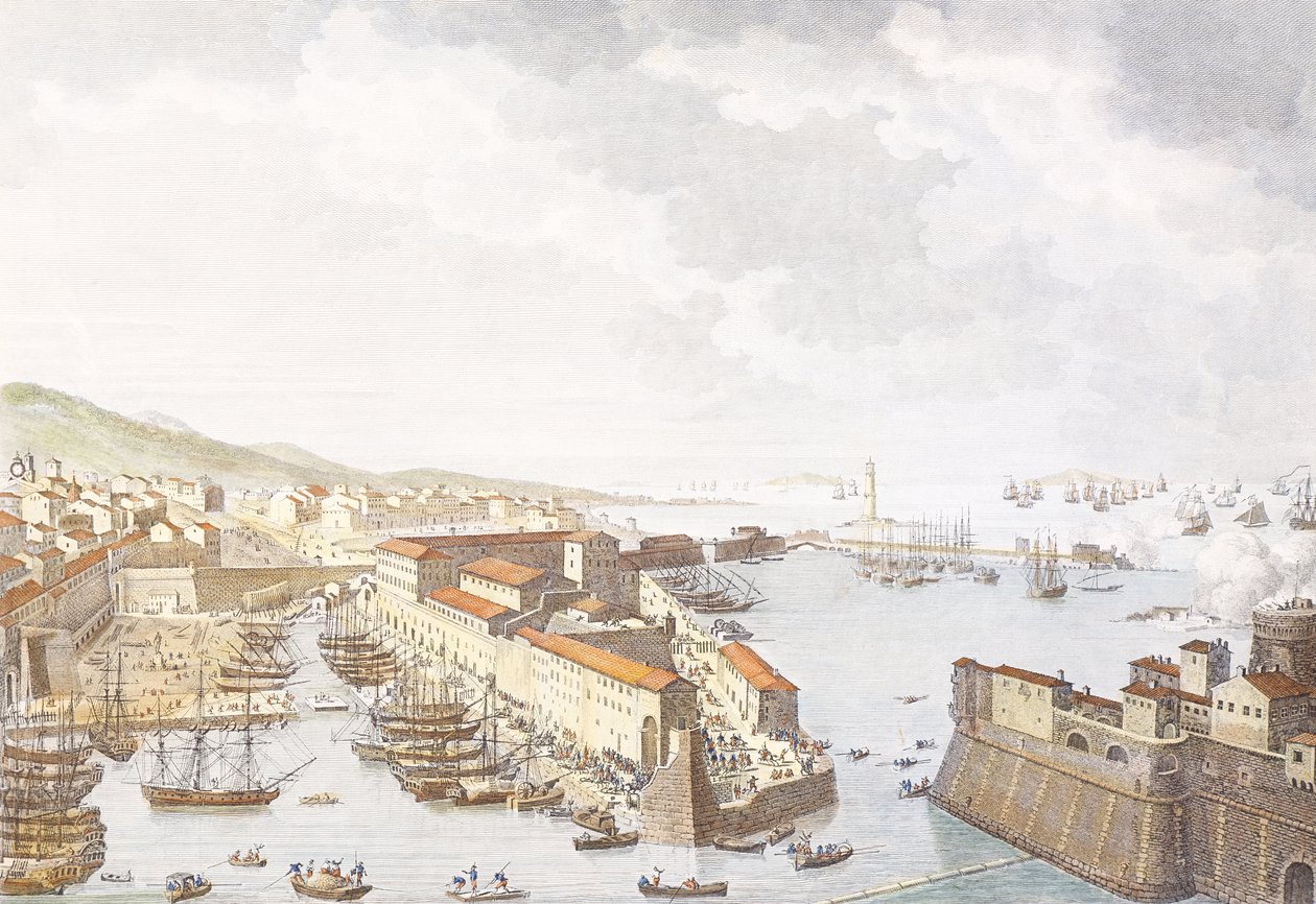 Ranskan tulo Livornoon, kesäkuu 1796, kaiverrus Jean Duplessis-Bertaux (1750-1818), piirustus Carle Vernet (1758-1836), Ranskan vallankumoukselliset sodat, Italia tekijältä Antoine Charles Horace Vernet