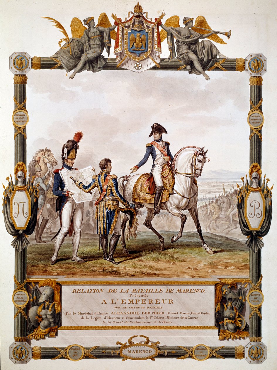Marengon taistelun suhde 14. kesäkuuta 1800: Marechal Berthier näyttää Napoleon I:n taistelustrategian. Antoine Dit Carle Vernet (1758-1836) kuvitus tekijältä Antoine Charles Horace Vernet