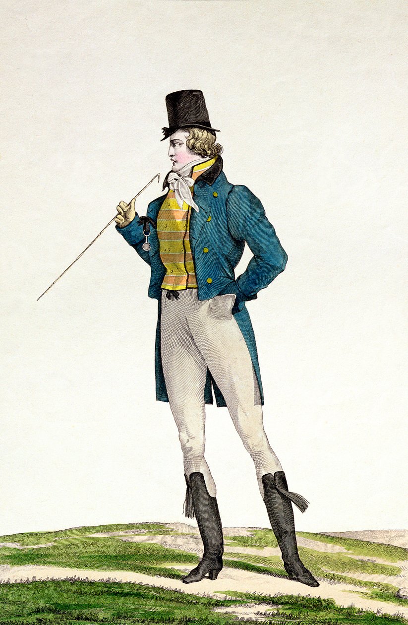 Dandy, jolla on Robinson-hattu, lapsenomaiset kiharat, neulotut housut ja ratsastussaappaat, Georges Jacques Gatinen (1773-1831) kaiverrettu Incroyable et merveilleuse -muotilevysarjan levy 5. tekijältä Antoine Charles Horace Vernet