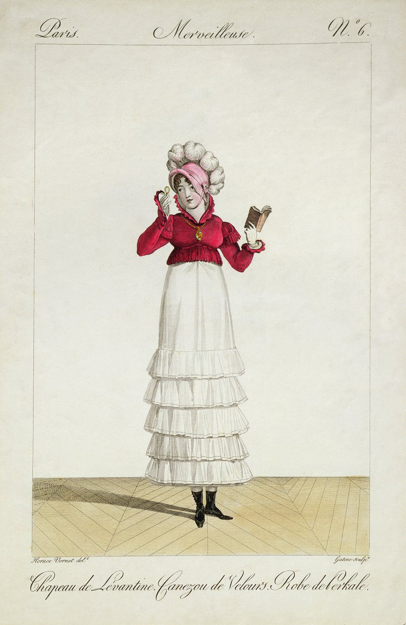 Lady in the Levantine hattu, porrashame ja samettitakki, levy 6 Incroyable et merveilleuse -muotilevysarjasta, kaiverruksen Georges Jacques Gatine (1773-1831), julkaistiin vuonna 1797 tekijältä Antoine Charles Horace Vernet