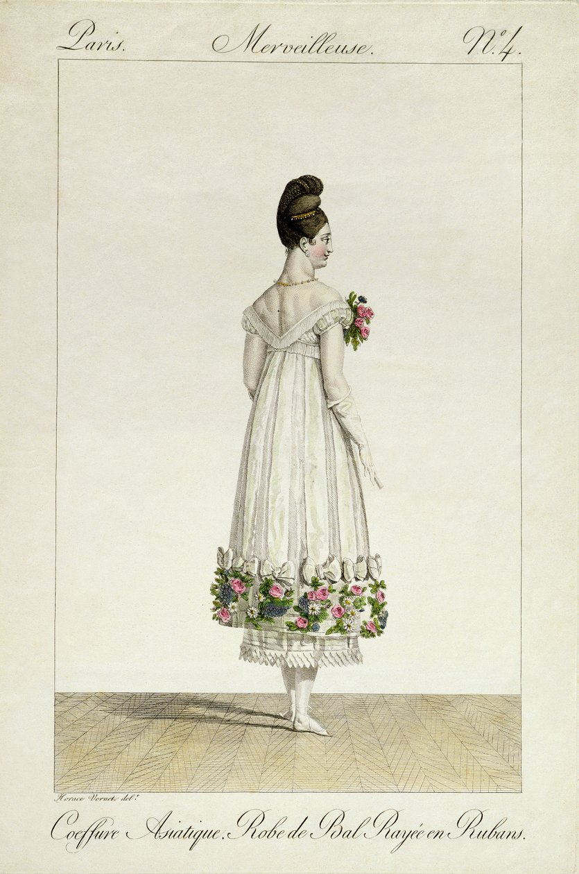 Nainen, jolla on aasialainen hiustyyli nauhoilla koristetussa pallomekossa, levy 4 Incroyable et merveilleuse -muotilevysarjasta, kaiverrus Georges Jacques Gatine (1773-1831), julkaissut 1 tekijältä Antoine Charles Horace Vernet