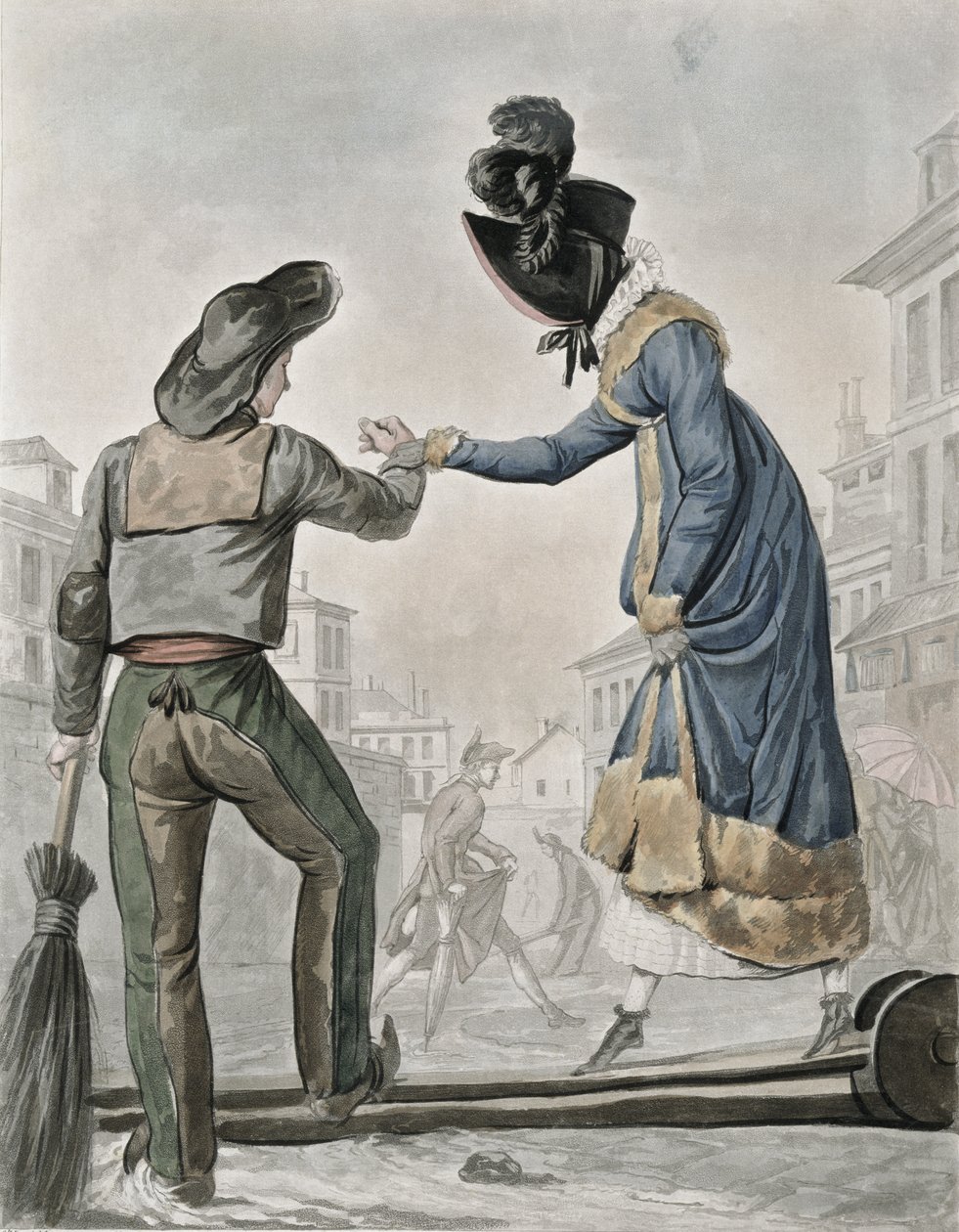 Nainen maksaa kadunlakaisijalle, jotta tämä ylittäisi likaisen kadun yli kulkevan lankun. tekijältä Antoine Charles Horace Vernet