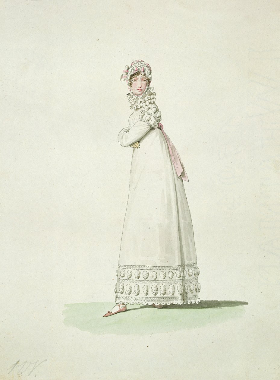 Tyylikäs nainen ulkomekossa, kuvitus teoksesta "Incroyables et Merveilleuses" tekijältä Antoine Charles Horace Vernet