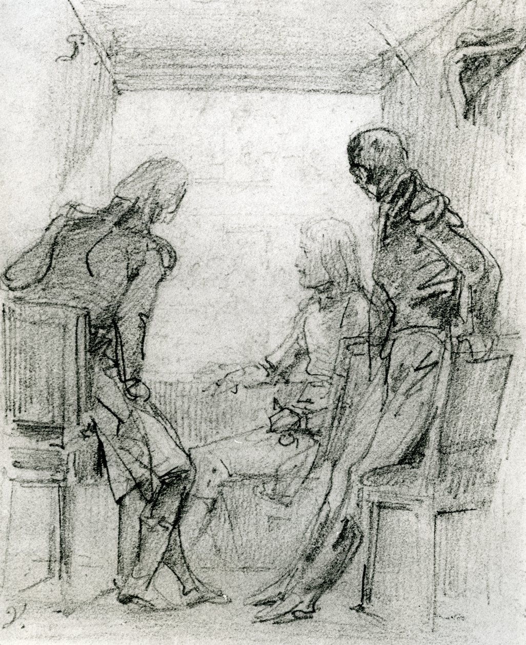 Kenraali Bonaparte katsomassa näytelmää Comédie Françaisessa Pariisissa, 1700-luvun lopulla (kynä ja puuhiili paperilla) tekijältä Antoine Charles Horace Vernet