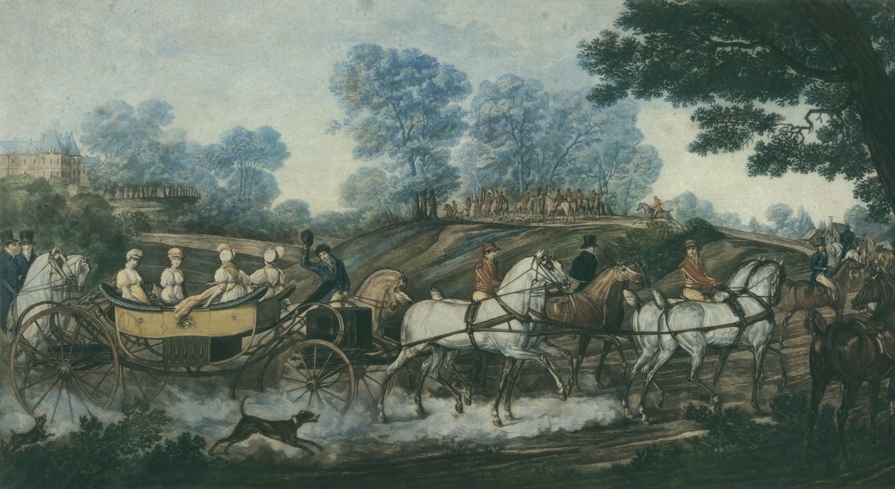 Metsästyskokous, kaiverrus Philibert Louis Debucourt (1755-1832) 1800-luvun alussa tekijältä Antoine Charles Horace Vernet
