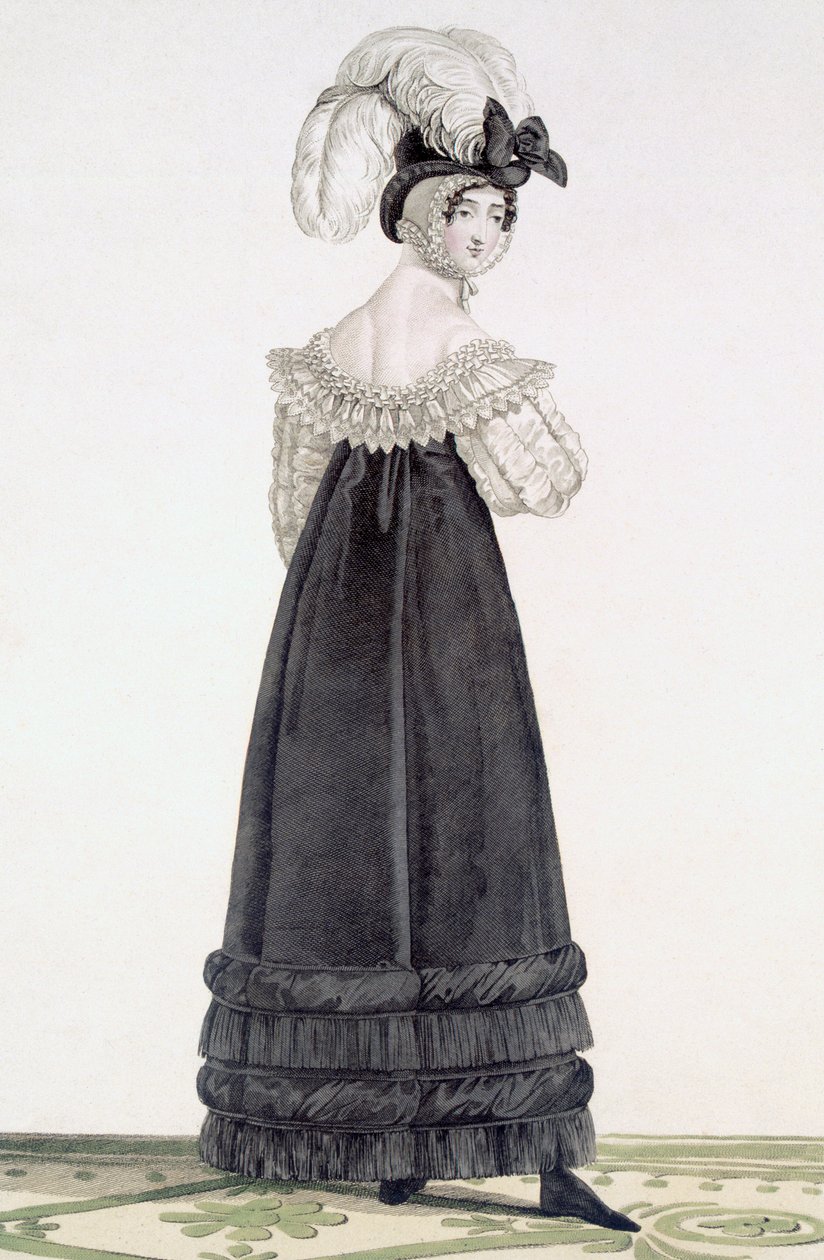 Lady in Velvet Morning Dress, levy 24 "Incroyable et Marvelousista", kaiverrus Georges Jacques Gatine (1773-1831), pub. Pariisi, 1797 (akvatintakaiverrus) tekijältä Antoine Charles Horace Vernet