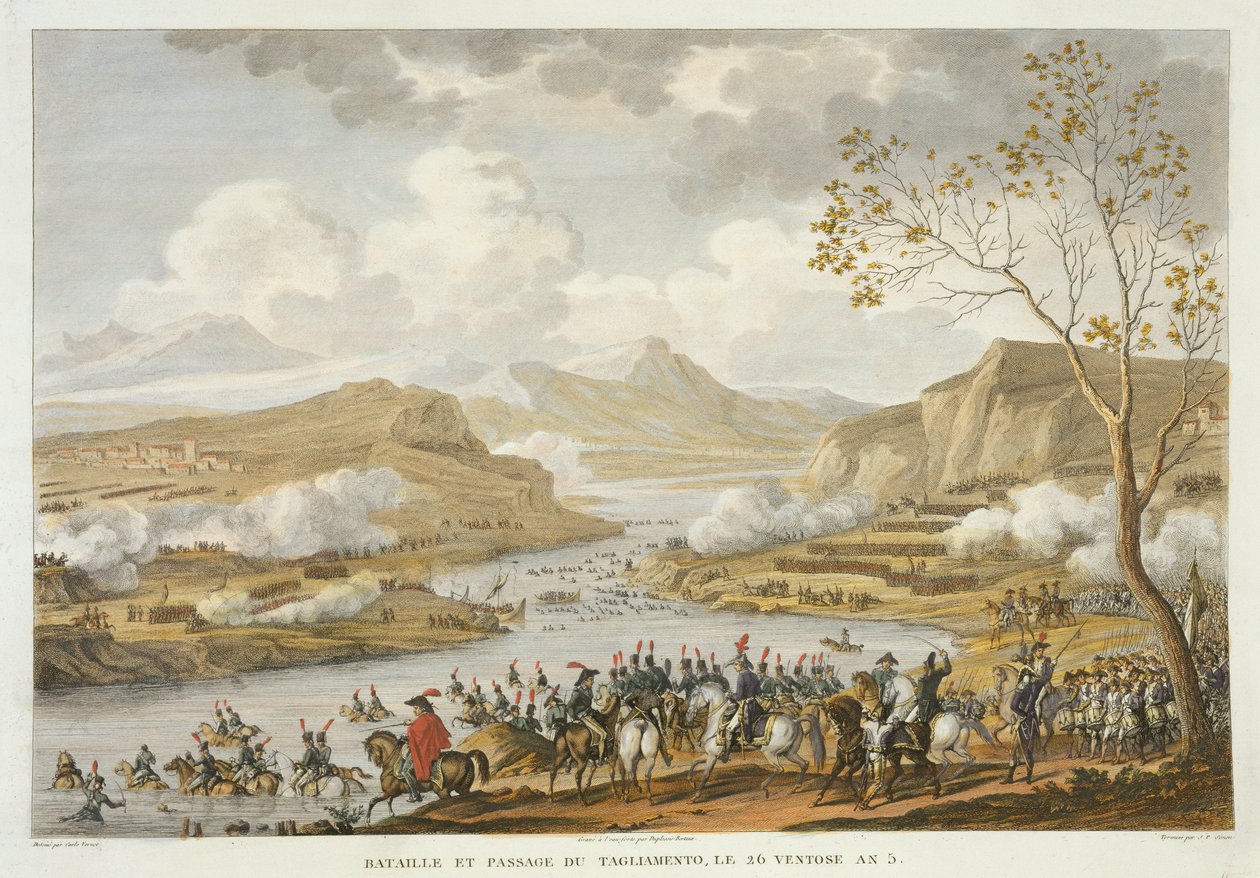 Tagliamenton taistelu ja ylitys, 26 Ventose, vuosi 5 (maaliskuu 1797), kaiverrus Jean Duplessi-Bertaux (1747-1819) (akvatinta) tekijältä Antoine Charles Horace Vernet