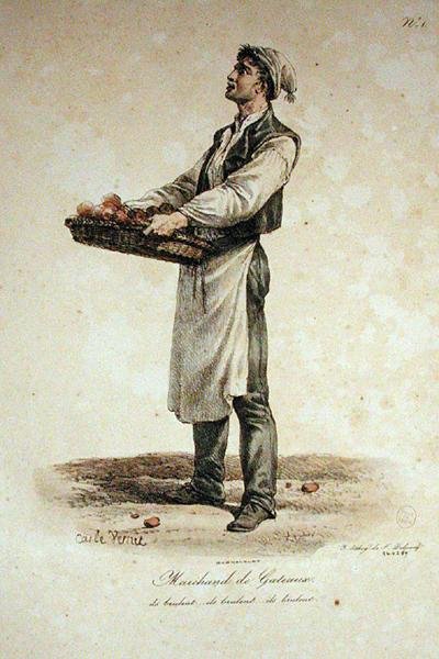Kakkumyyjä, numero 1 Pariisin huudot -sarjasta, kaiverrus Francois Seraphin Delpech (1778-1825) tekijältä Antoine Charles Horace Vernet