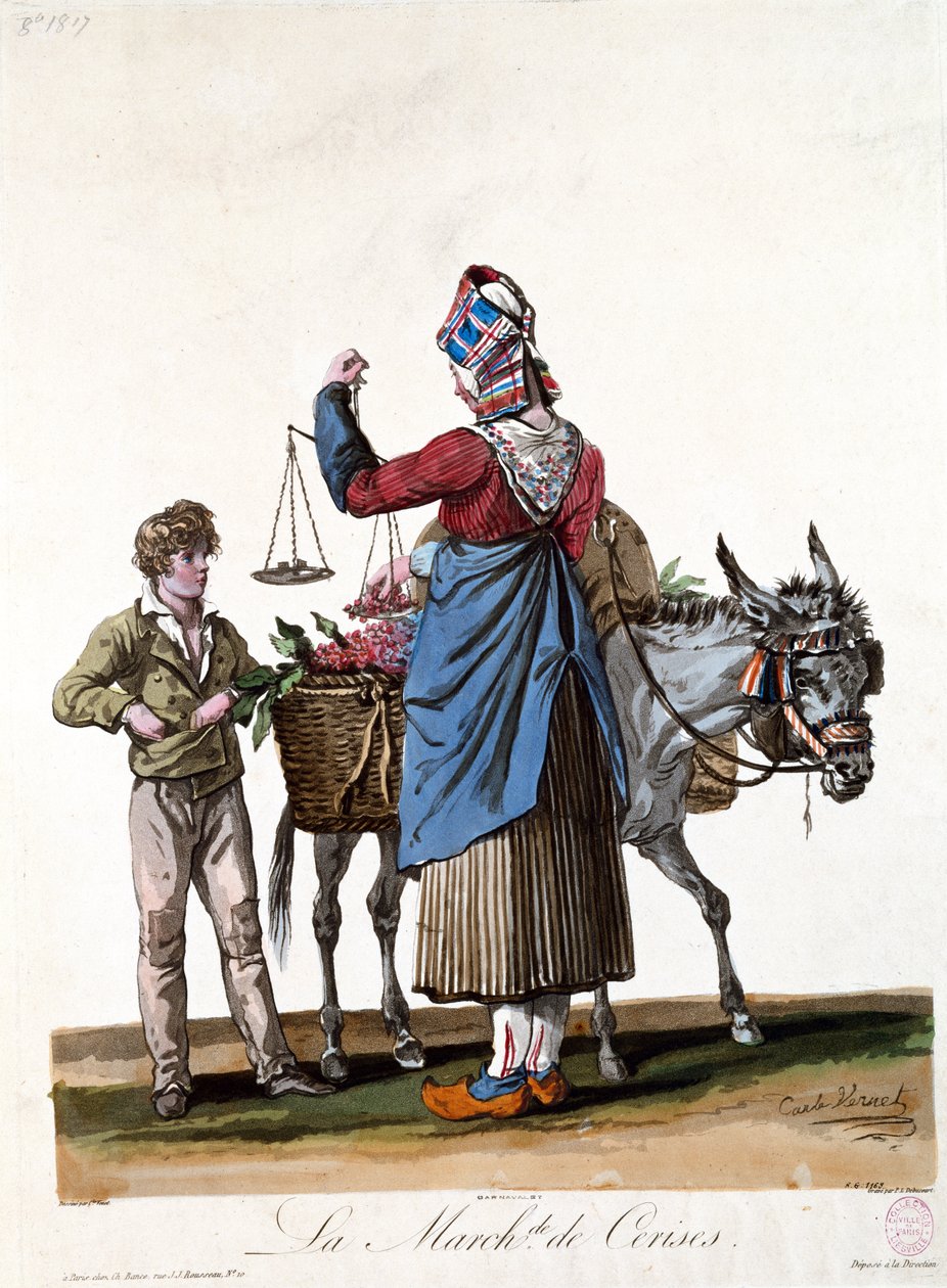 Kirsikkamyyjä, kaiverrus Philibert Louis Debucourt (1755-1832) tekijältä Antoine Charles Horace Vernet