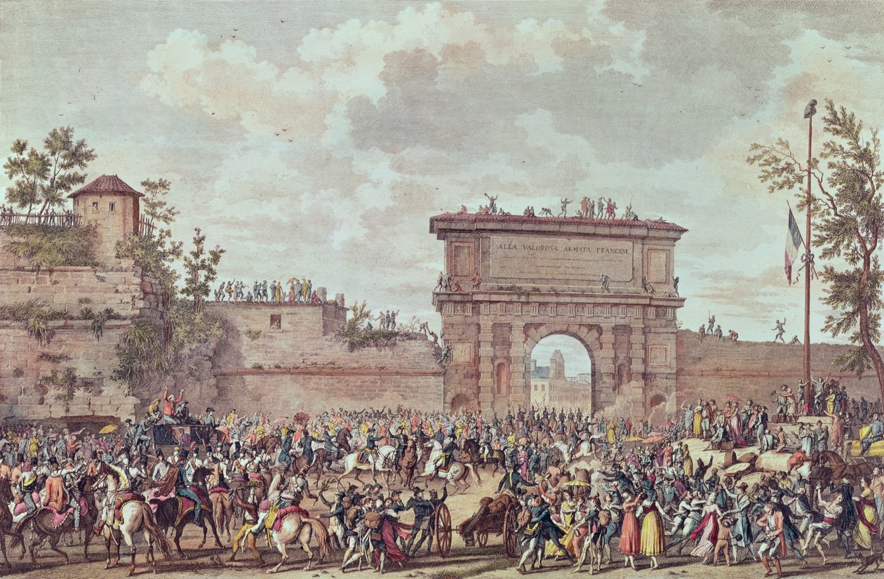Ranskalaisten tulo Milanoon, 25 Floreal An IV (14. toukokuuta 1796) (akvatinta) tekijältä Antoine Charles Horace Vernet